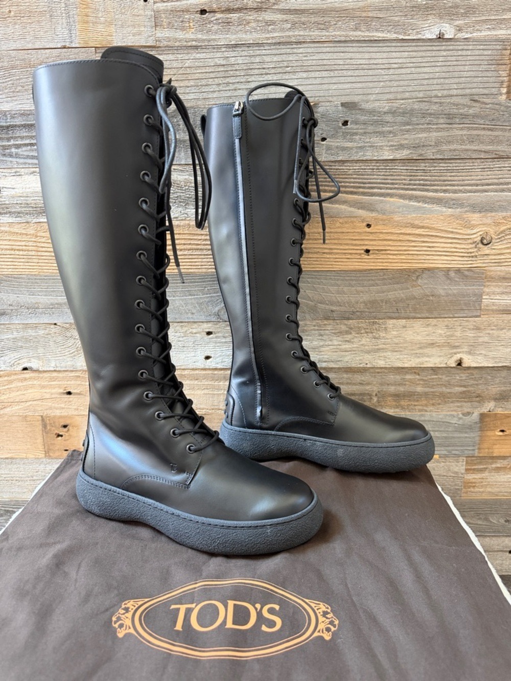 Tod's Black Leather Tall Knee-Length Lace-Up Side Zip Boots Size 39 / 8 NIB - Picture 3 of 14